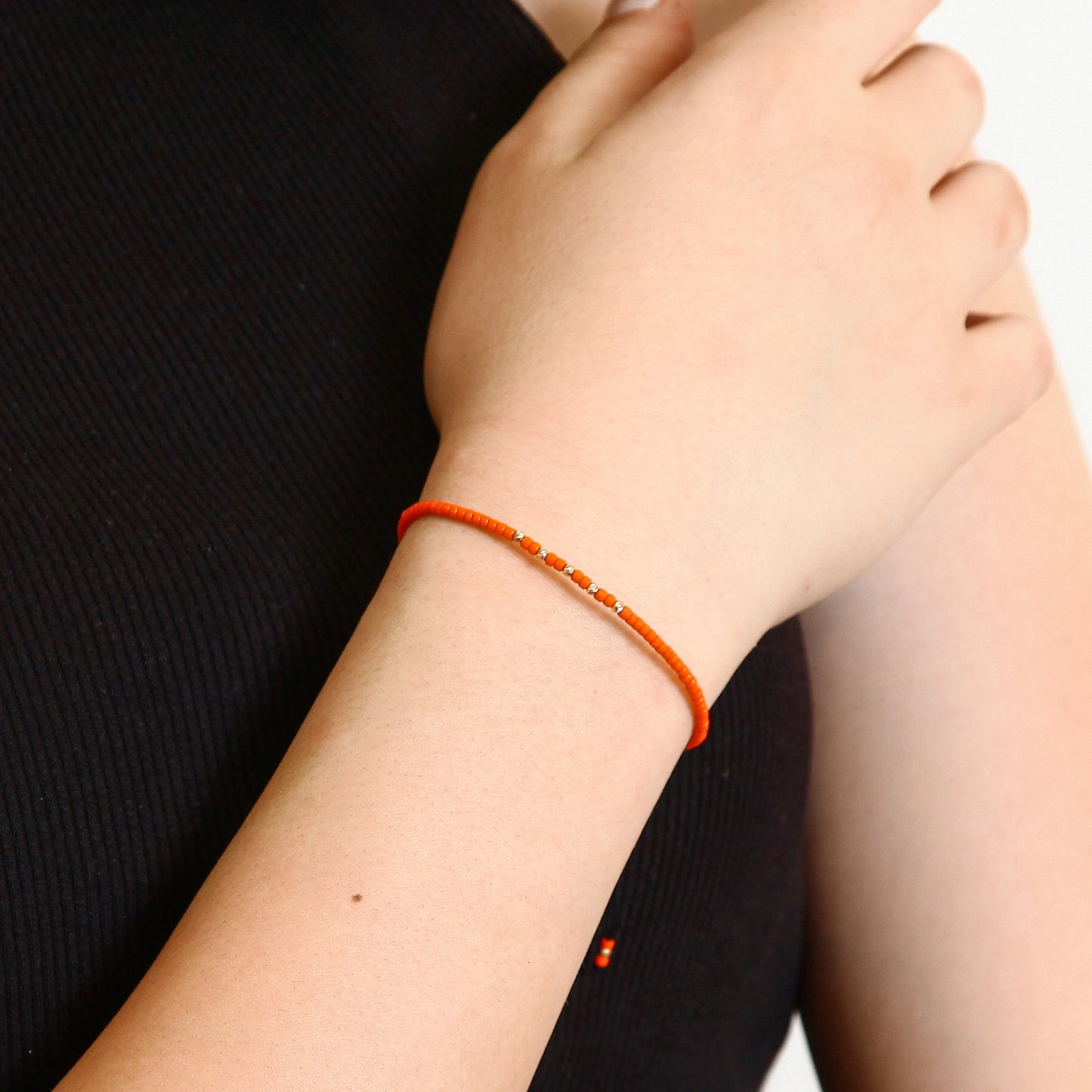 Orange String Bracelet with 14K Solid Gold Balls