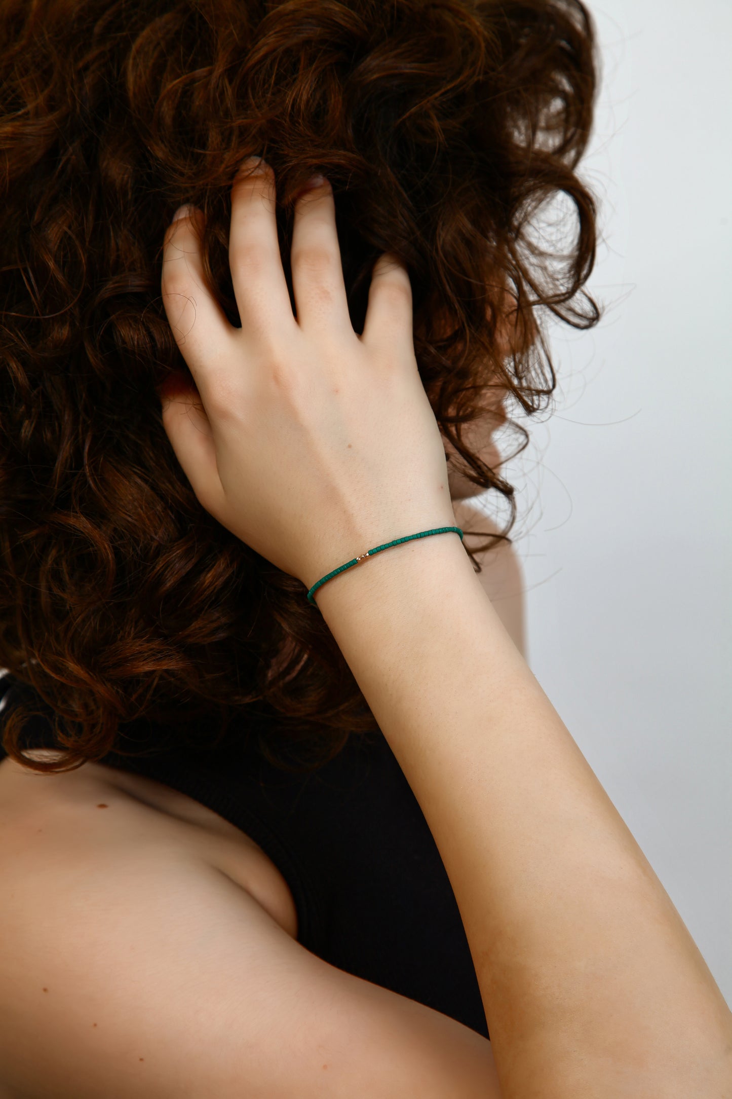 Green String Bracelet with 14K Solid Gold Balls