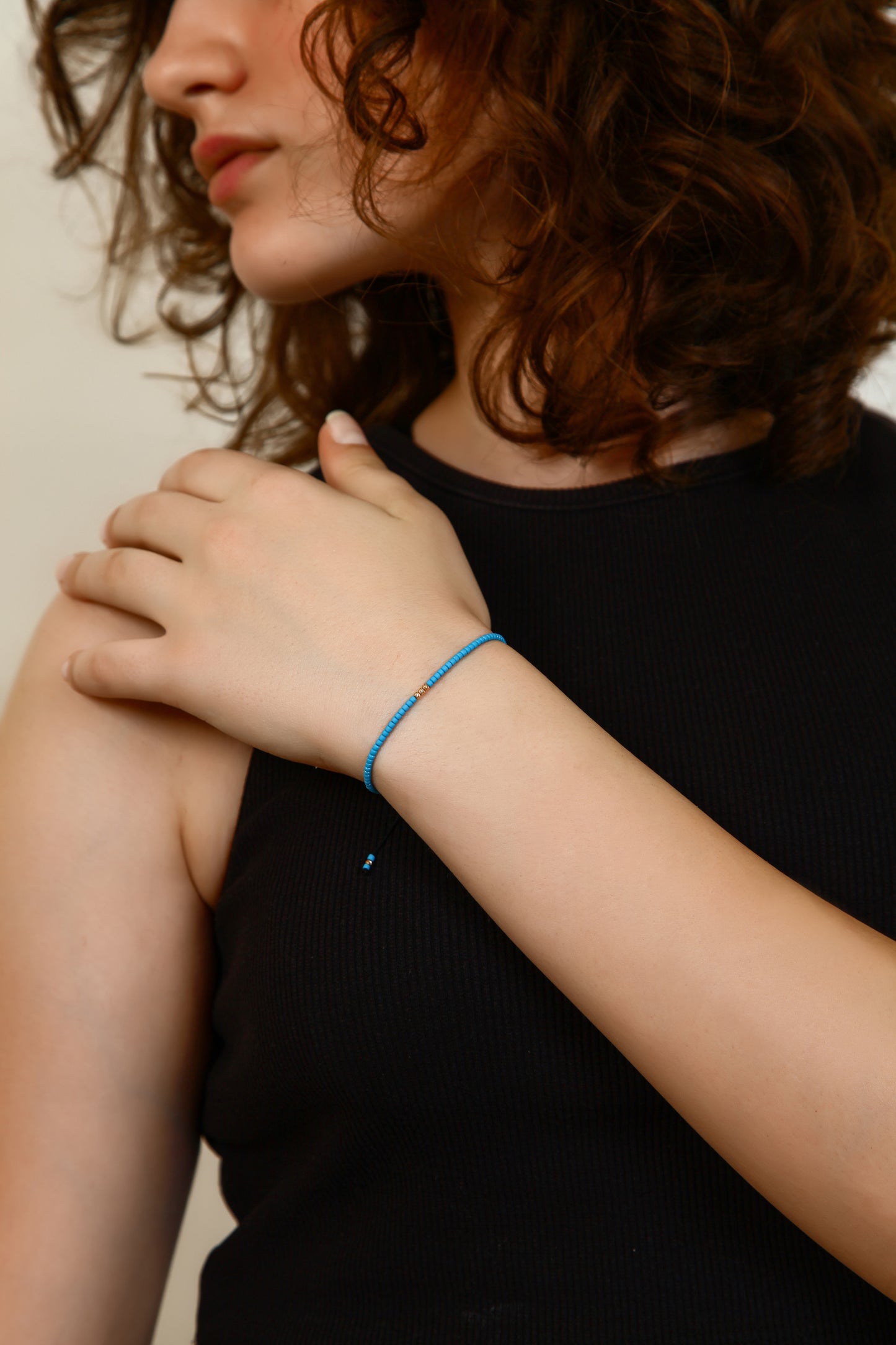 Blue String Bracelet with 14K Solid Gold Balls