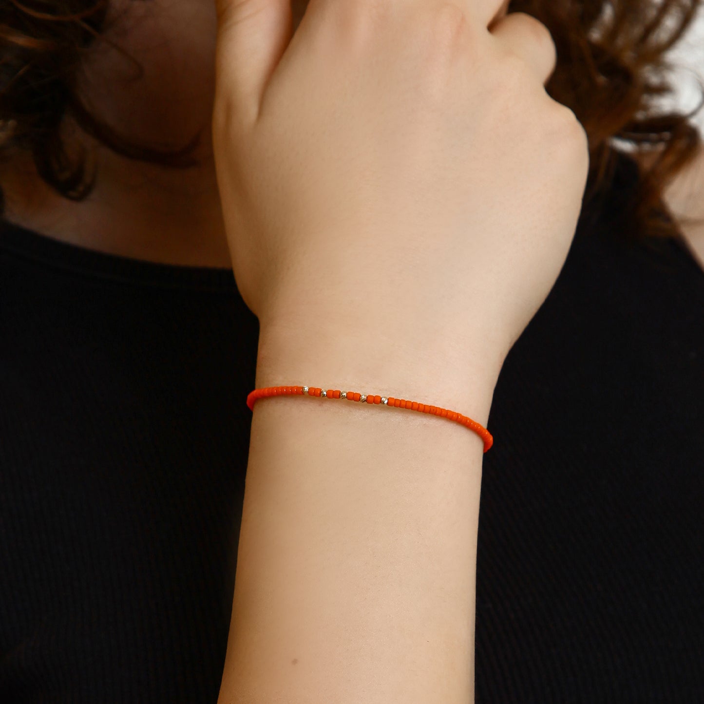 Orange String Bracelet with 14K Solid Gold Balls