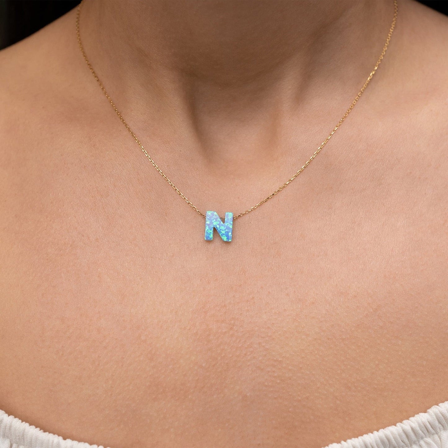 Blue Opal Initial Necklace - "N" letter pendant