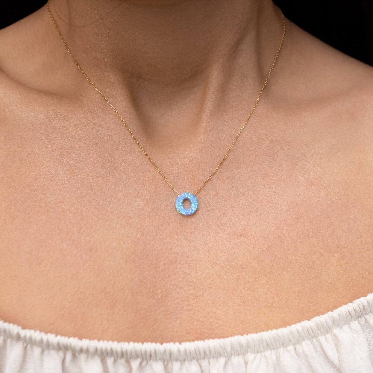 Blue Opal Initial Necklace - "O" letter pendant