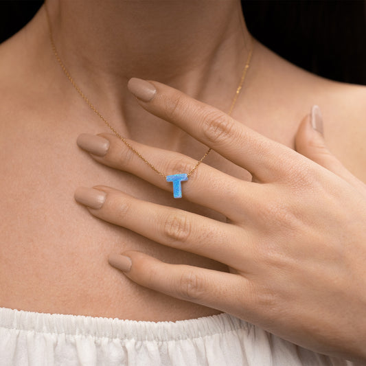 Blue Opal Initial Necklace - "T" letter pendant