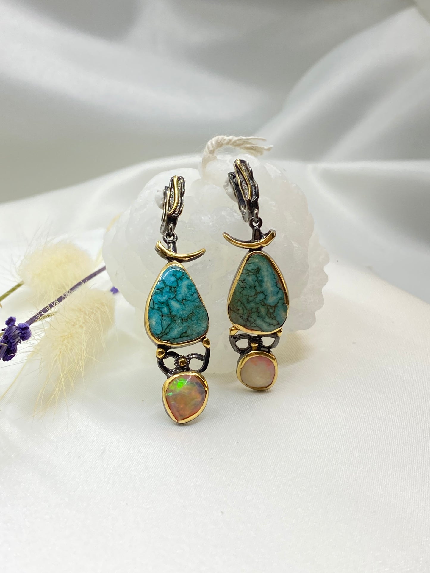 Turquoise & Opal Silver Earrings