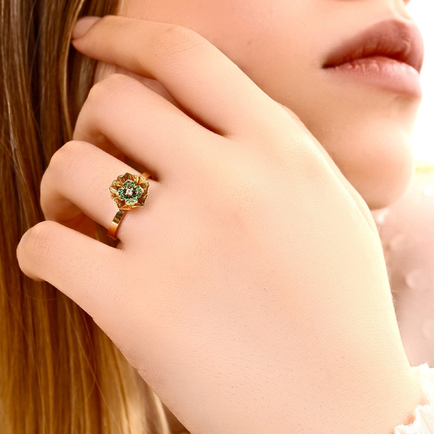 Green floral gold plated Ring