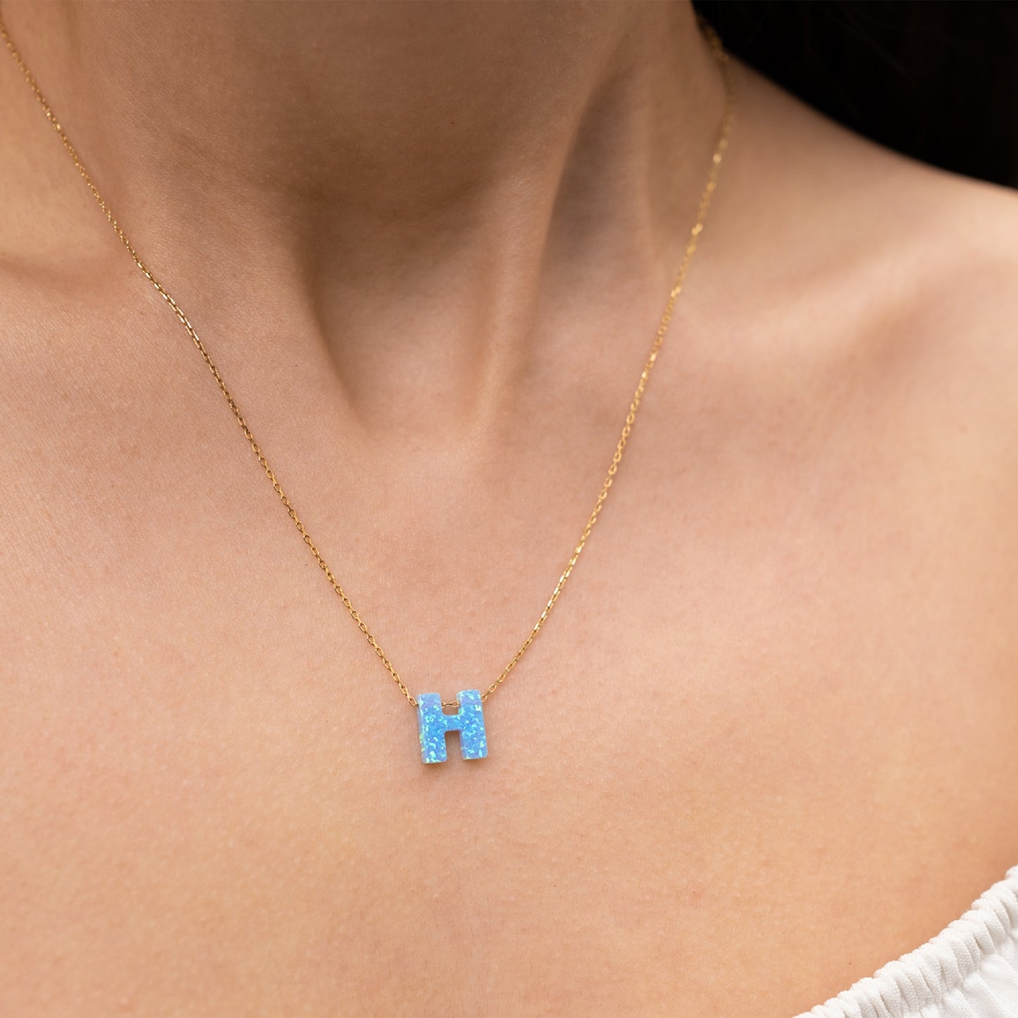 Blue Opal Initial Necklace - "H" letter pendant