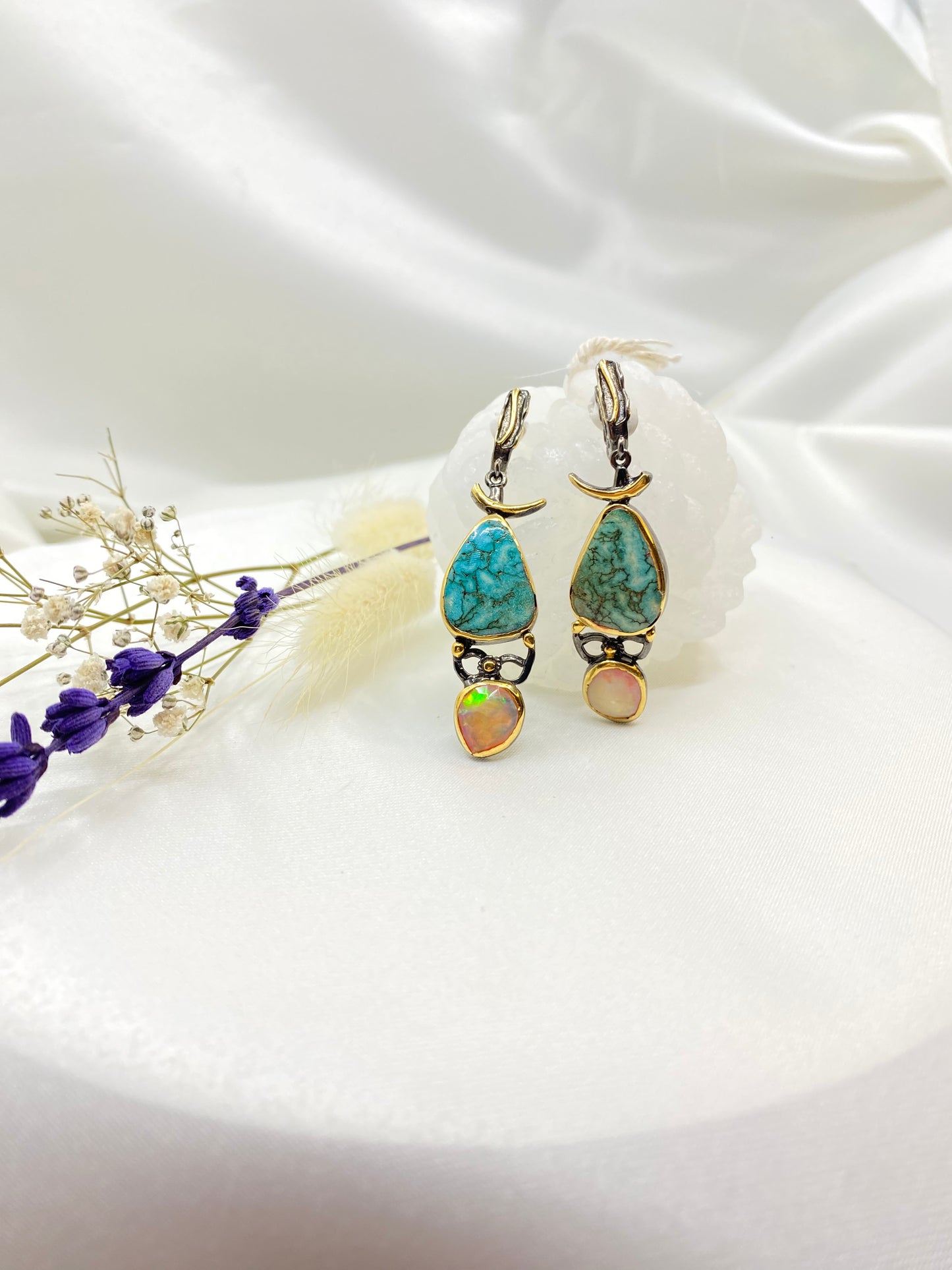 Turquoise & Opal Silver Earrings