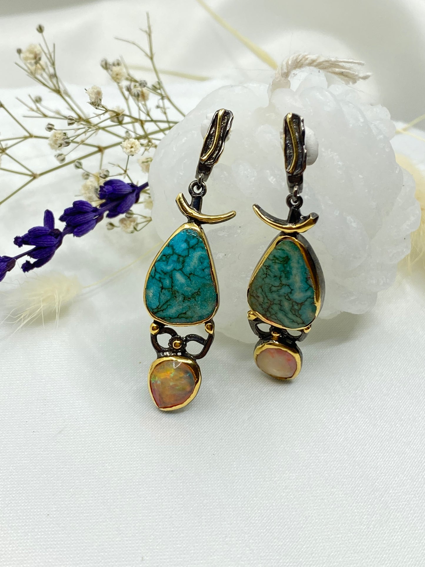 Turquoise & Opal Silver Earrings