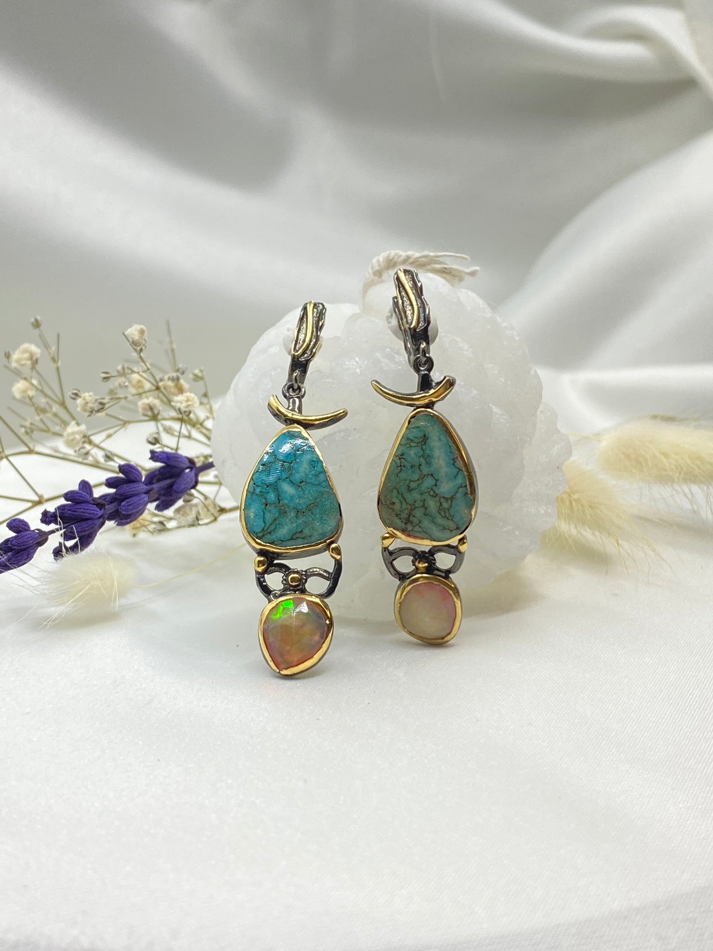 Turquoise & Opal Silver Earrings