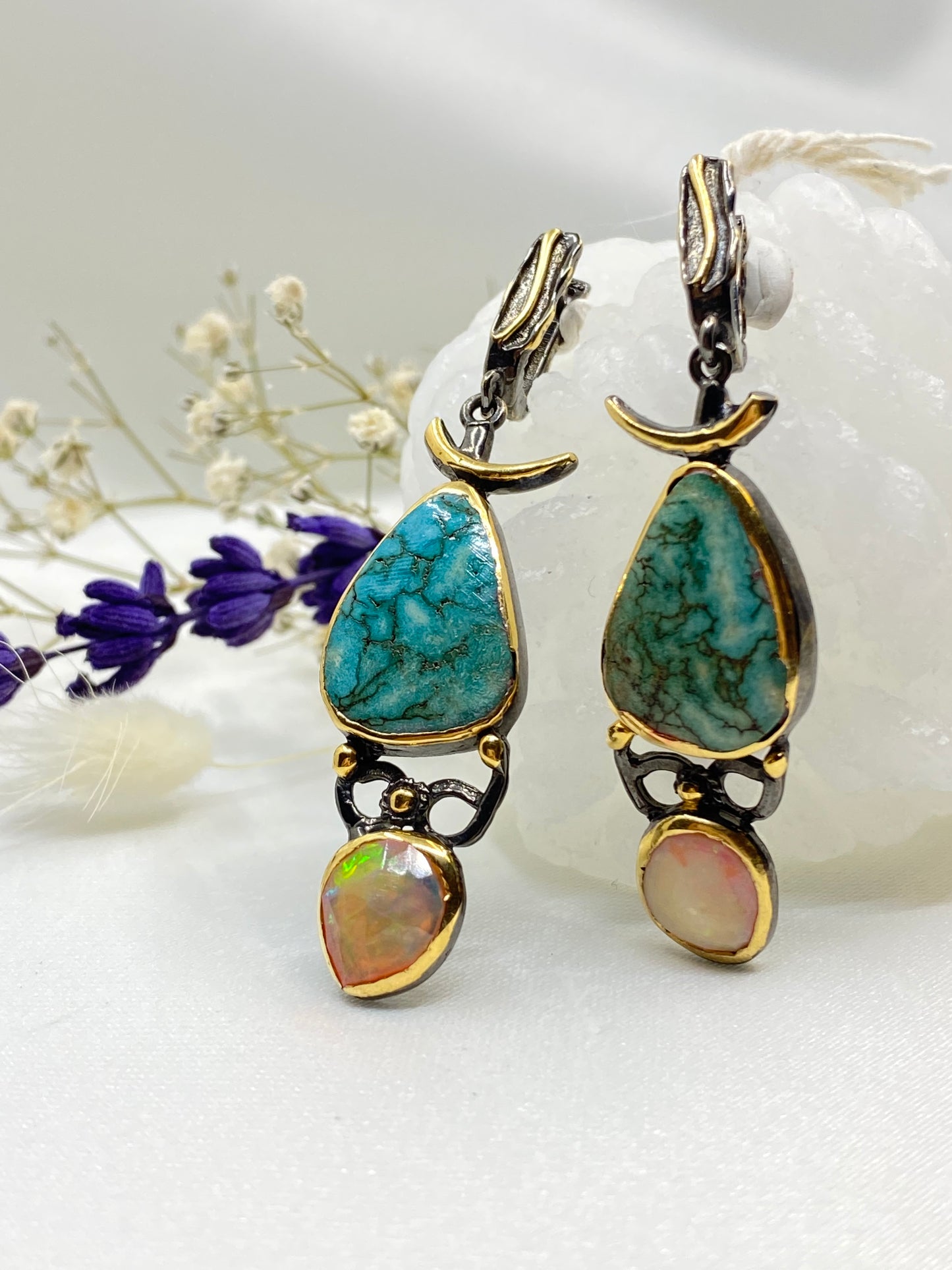 Turquoise & Opal Silver Earrings