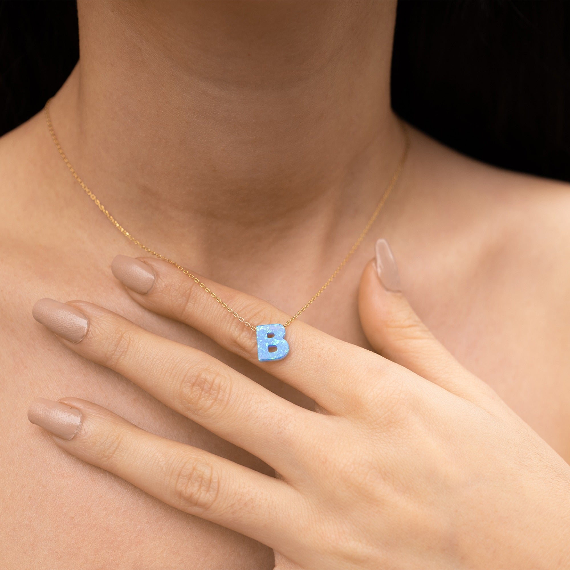 Blue Opal Initial Necklace - B letter Pendant