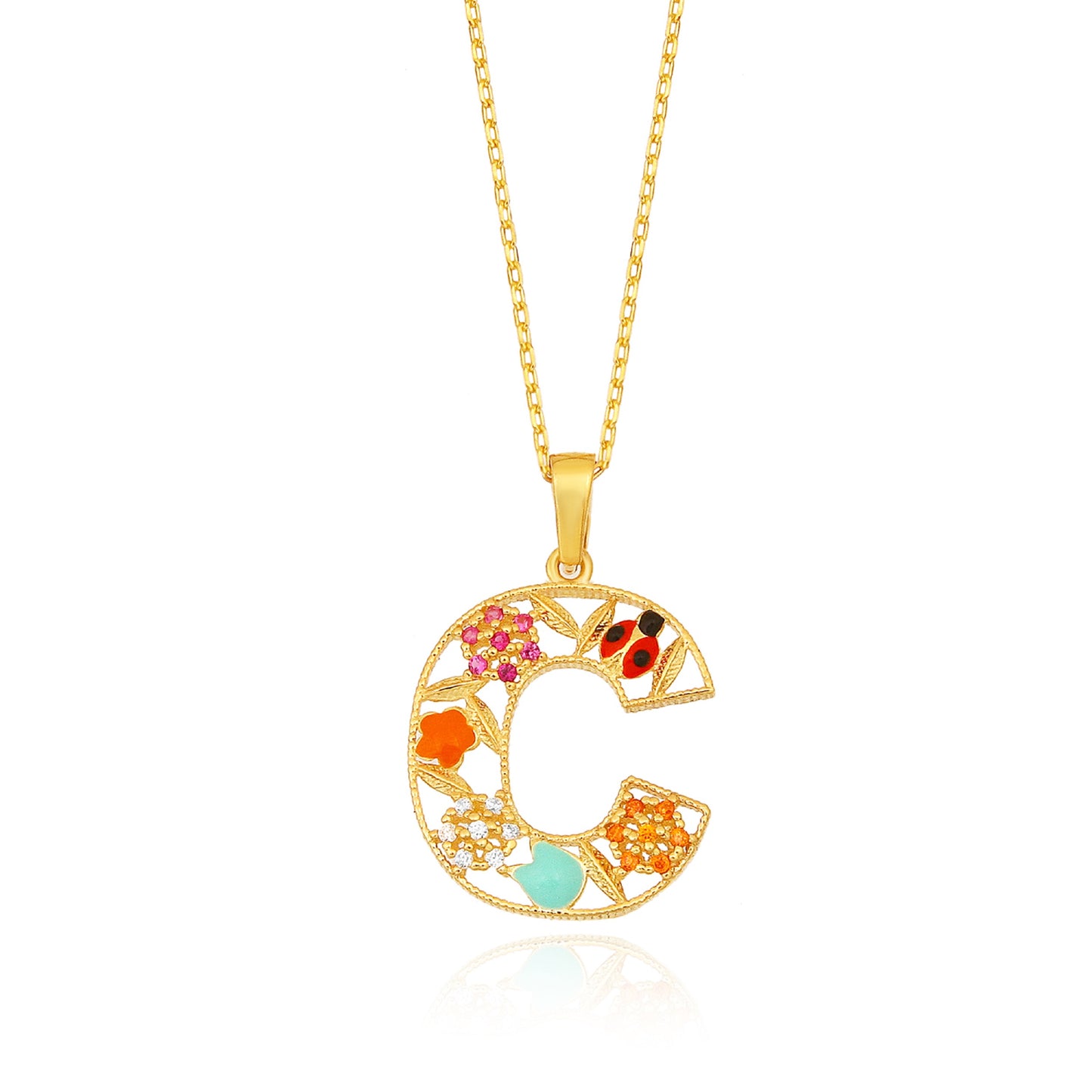 Floral "C" Letter Necklace with Ladybug Accent
