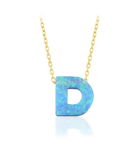 Blue Opal Initial Necklace - D letter pendant