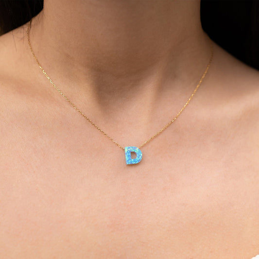 Blue Opal Initial Necklace - D letter pendant