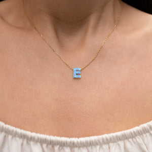 Blue Opal Initial Necklace - E letter pendant