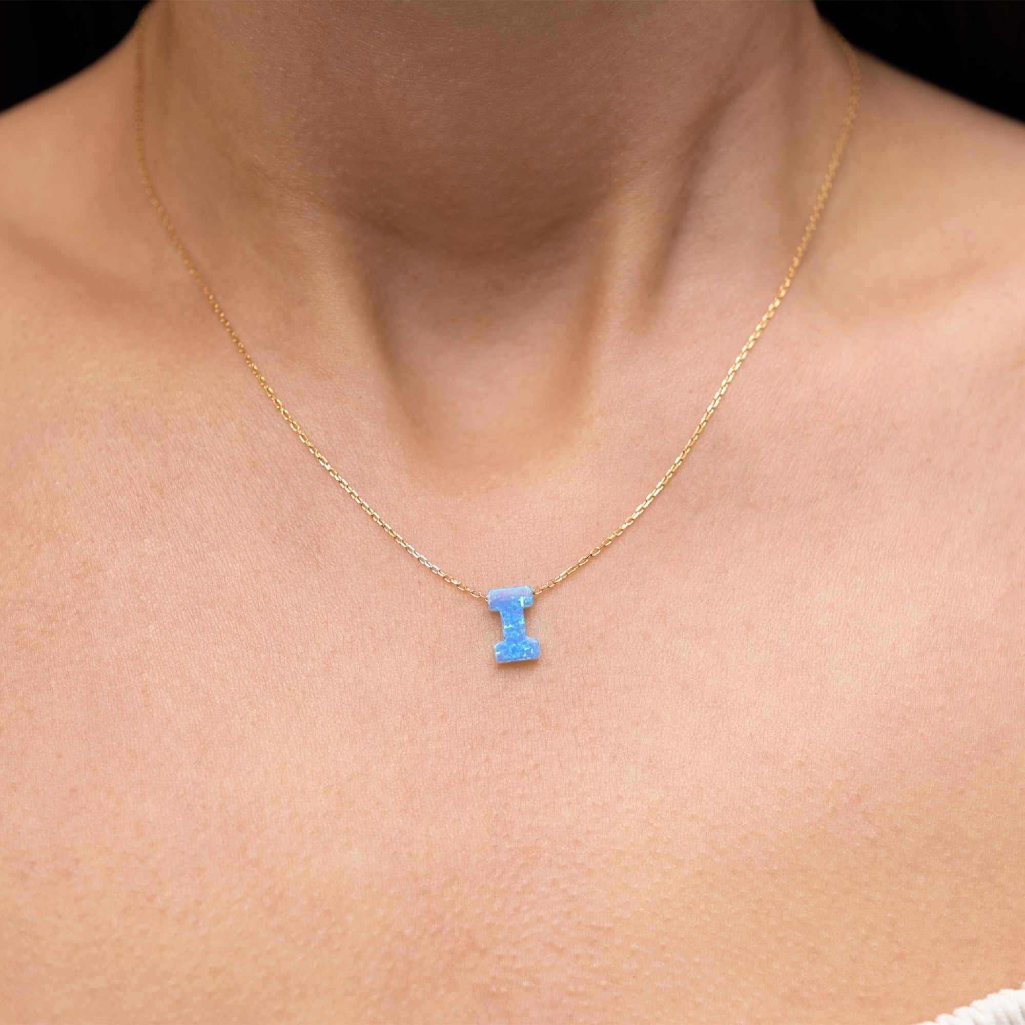 Blue Opal Initial Necklace - "I" letter pendant