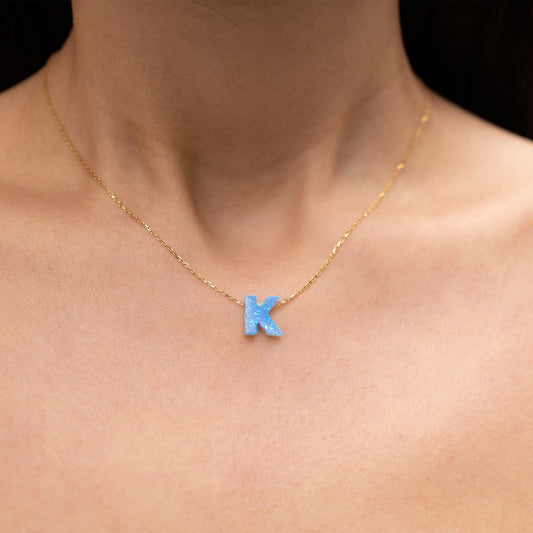 Blue Opal Initial Necklace - "K" letter pendant