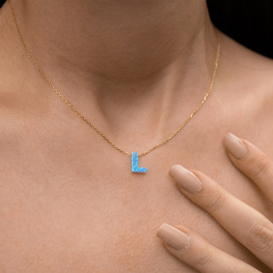Blue Opal Initial Necklace - "L" letter pendant