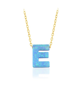 Blue Opal Initial Necklace - E letter pendant
