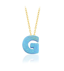 Blue Opal Initial Necklace - "G" letter pendant