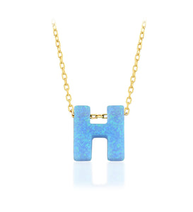 Blue Opal Initial Necklace - "H" letter pendant