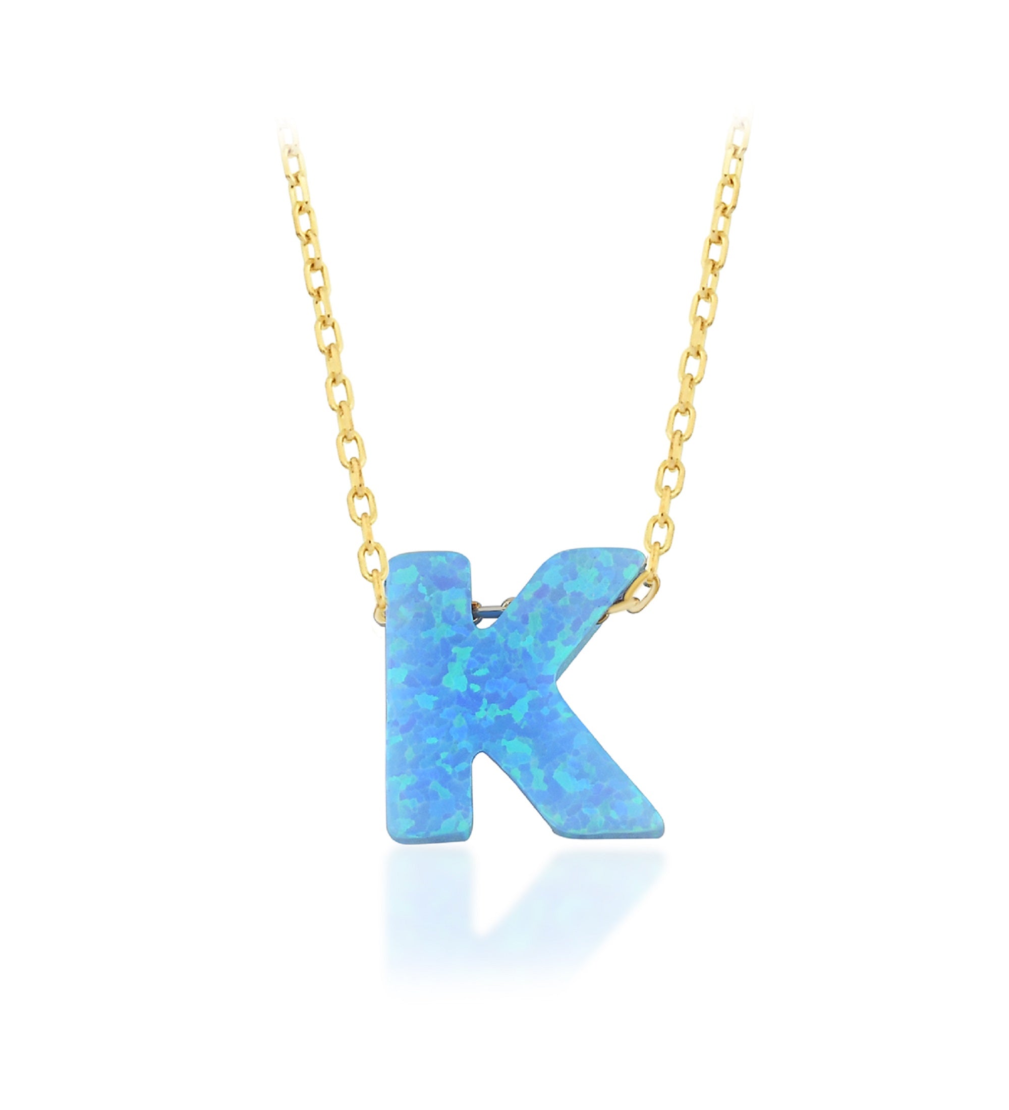 Blue Opal Initial Necklace - "K" letter pendant