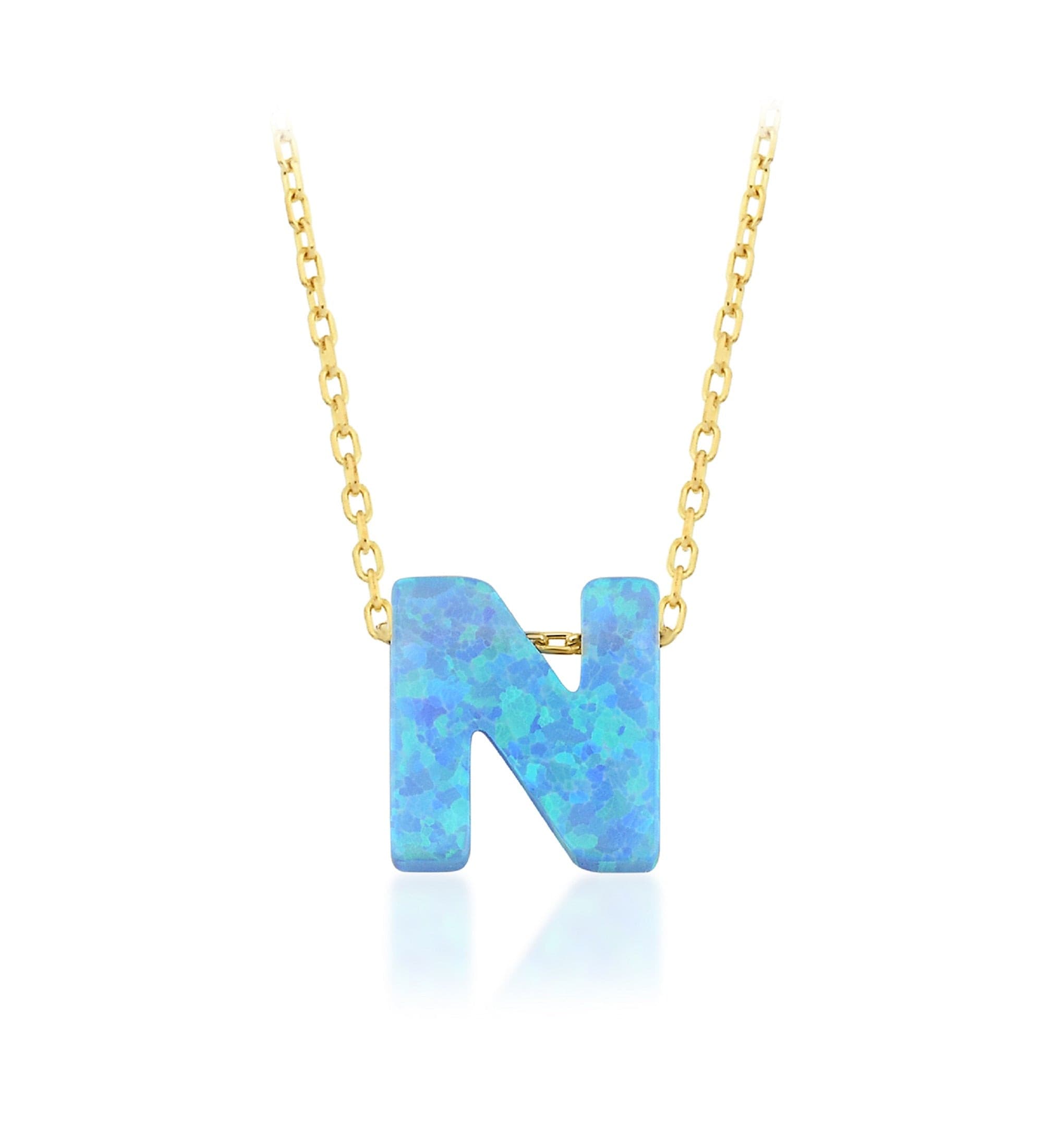 Blue Opal Initial Necklace - "N" letter pendant