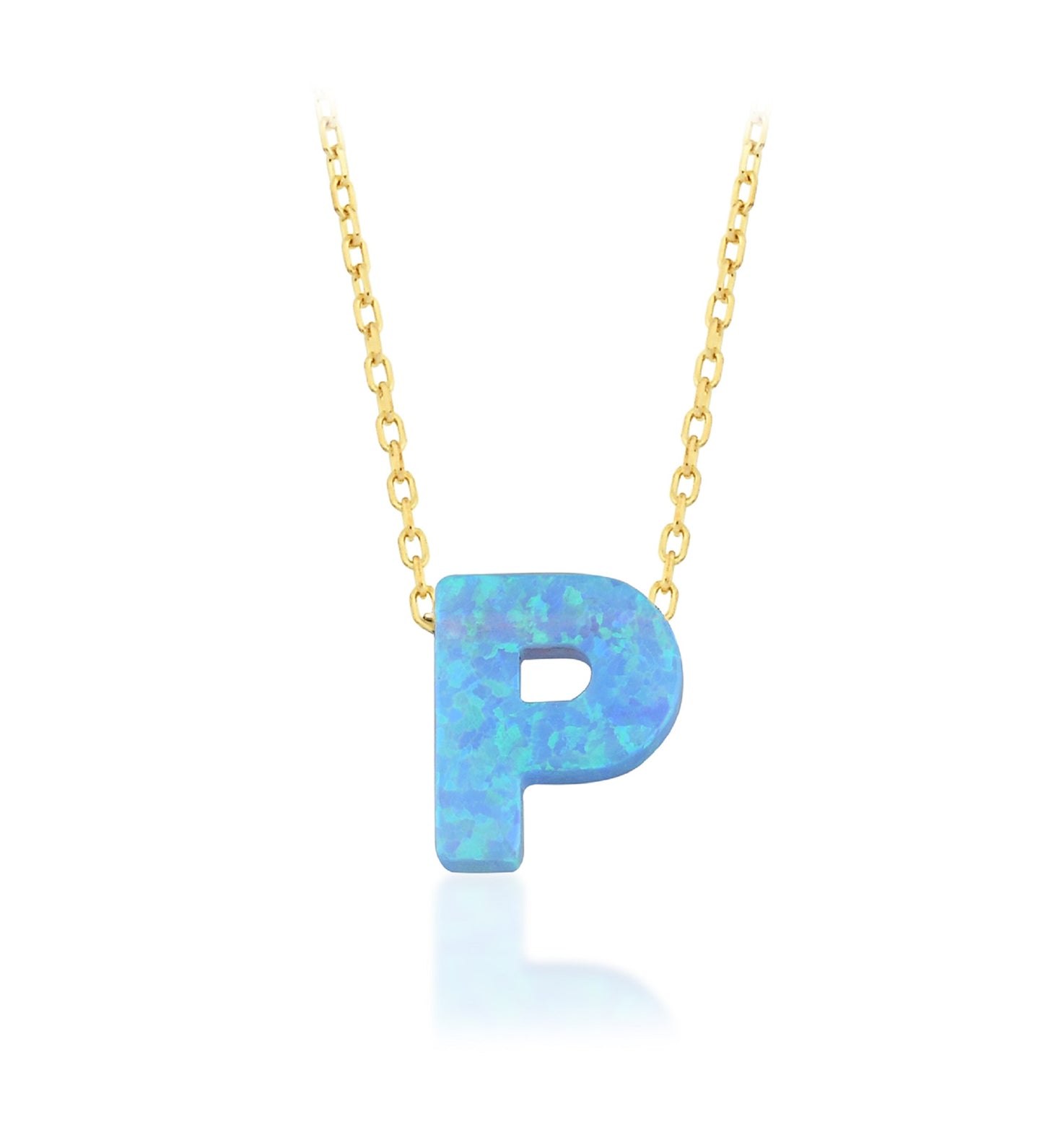 Blue Opal Initial Necklace - "P" letter pendant