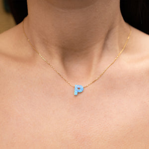 Blue Opal Initial Necklace - "P" letter pendant
