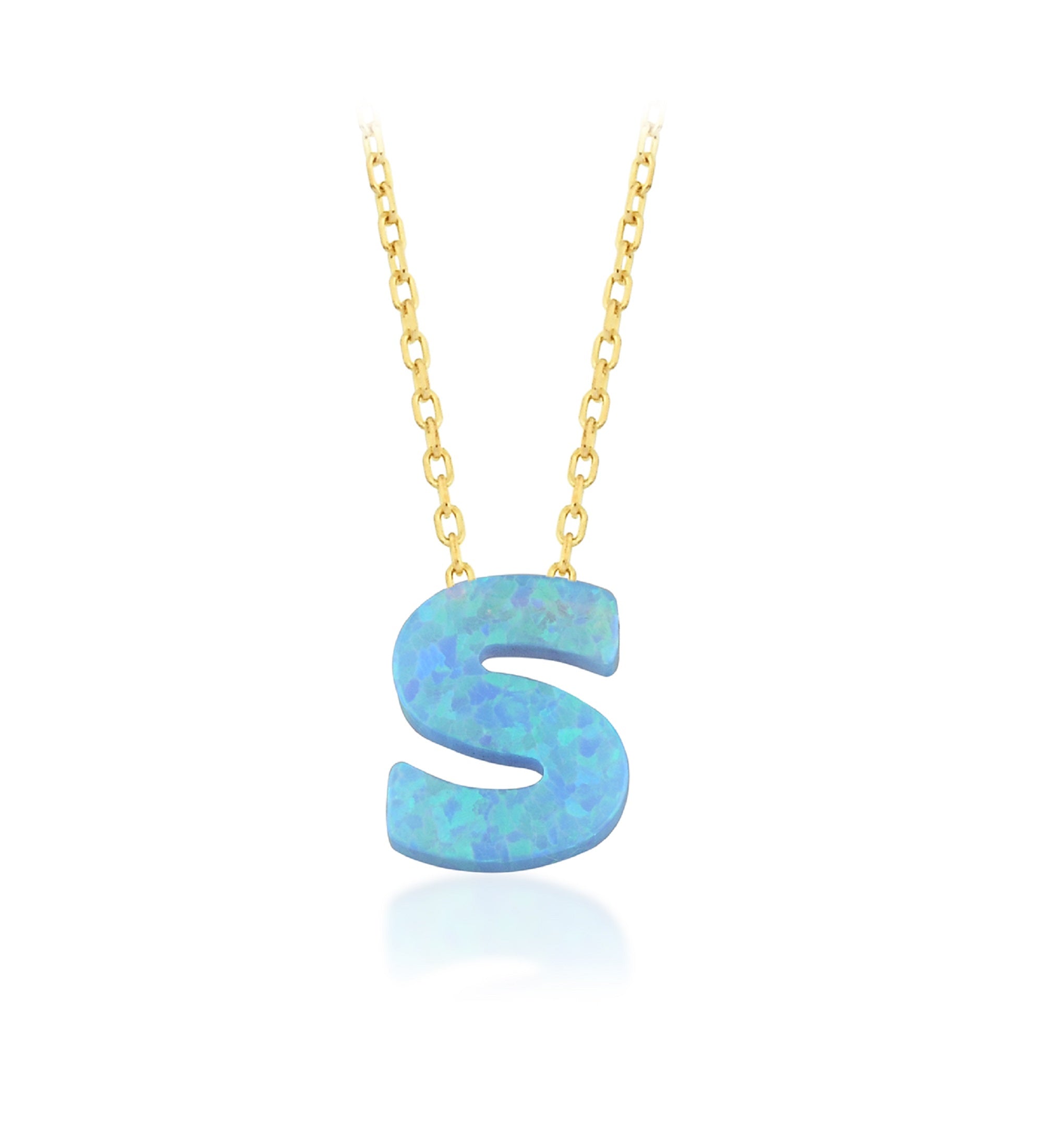 Blue Opal Initial Necklace - "S" letter pendant