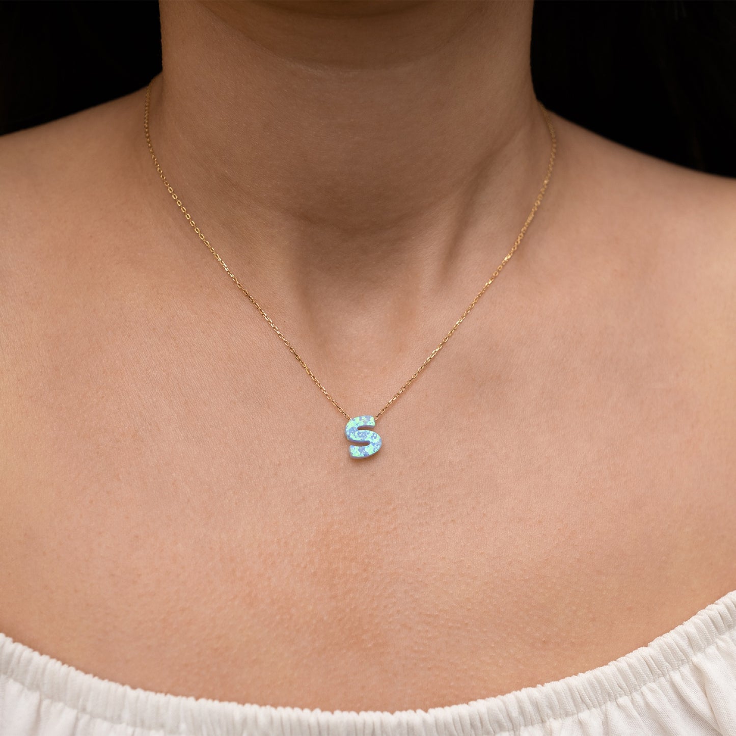 Blue Opal Initial Necklace - "S" letter pendant