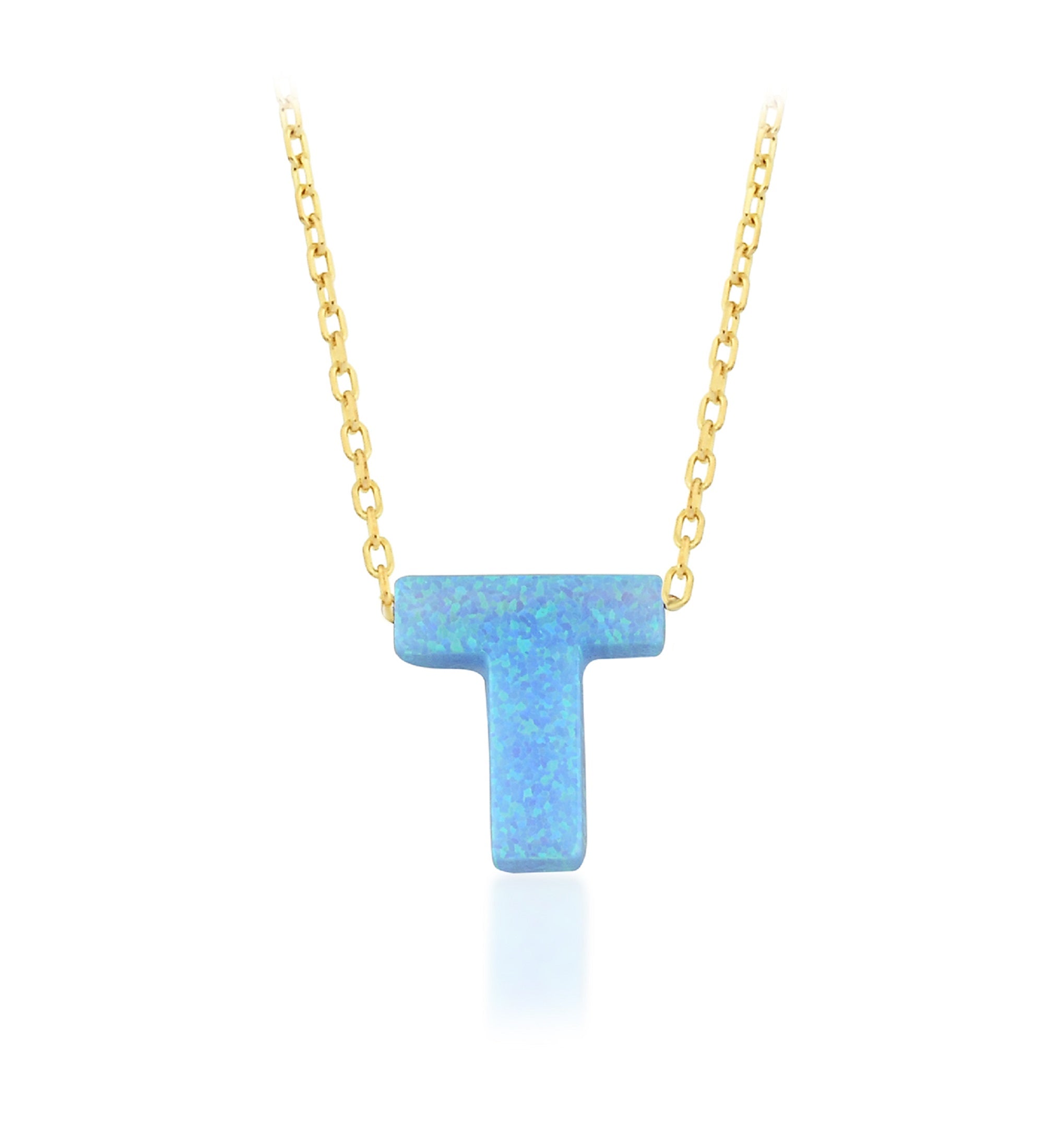 Blue Opal Initial Necklace - "T" letter pendant