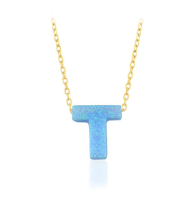 Blue Opal Initial Necklace - "T" letter pendant