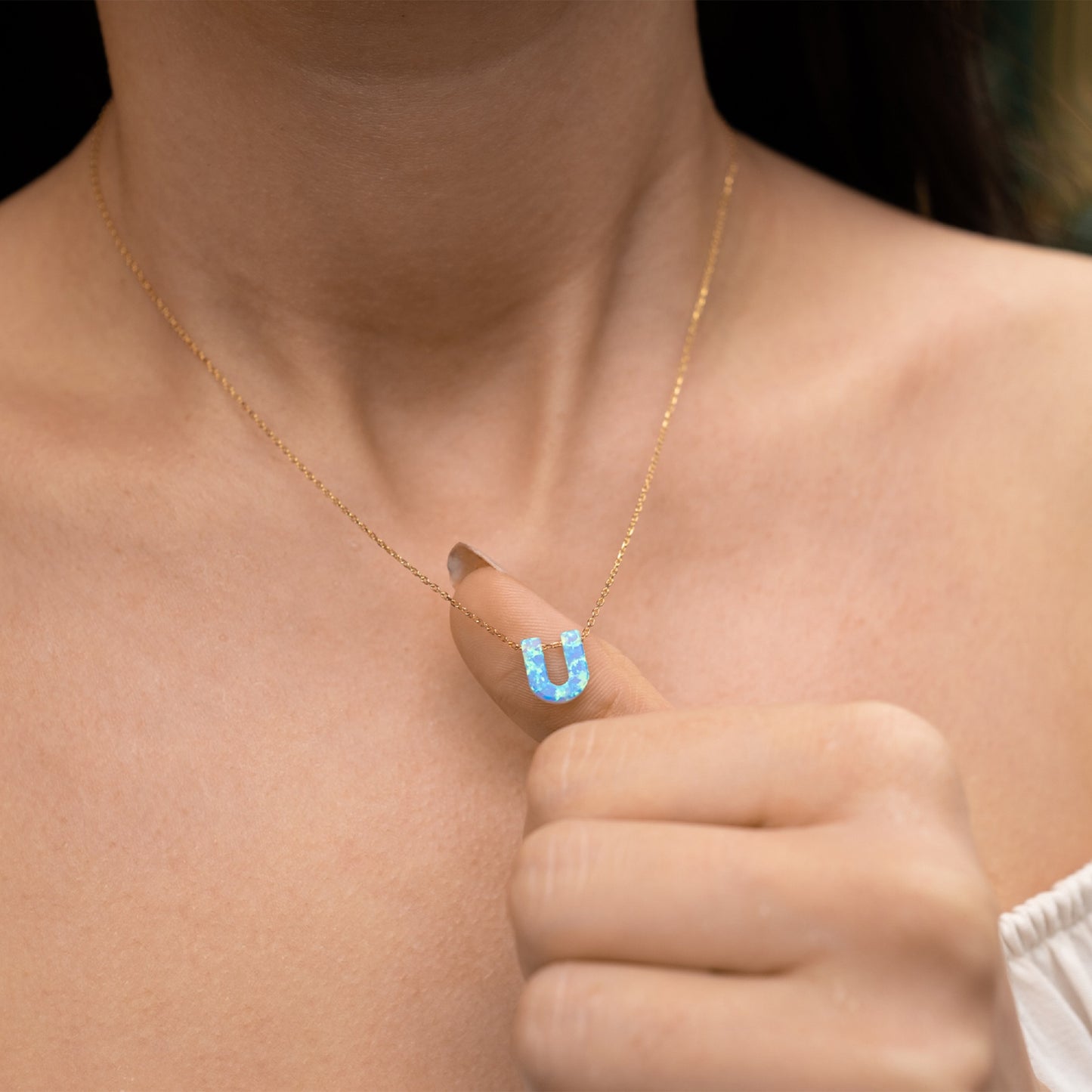 Blue Opal Initial Necklace - "U" letter pendant
