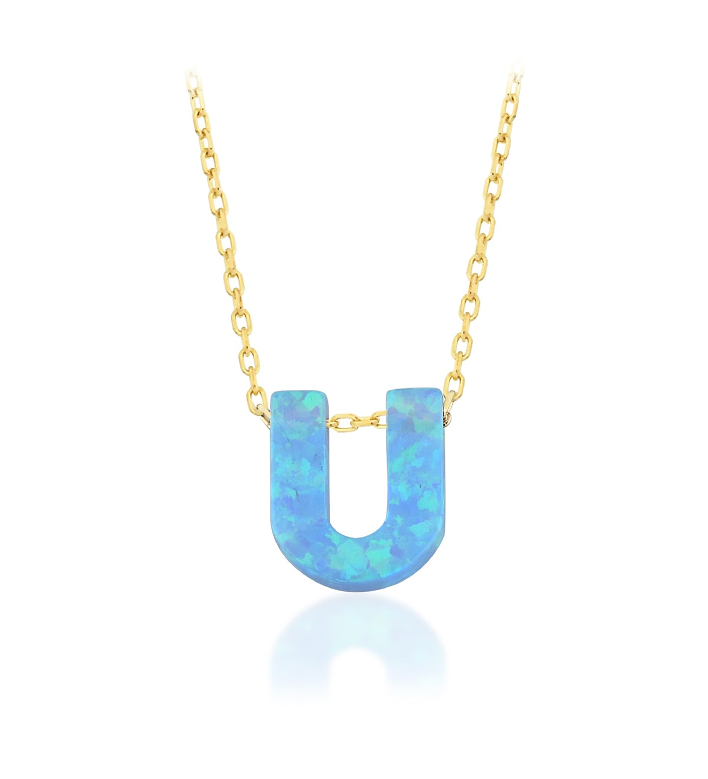 Blue Opal Initial Necklace - "U" letter pendant