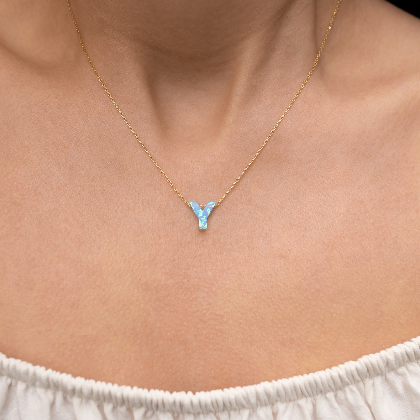 Blue Opal Initial Necklace - "Y" letter pendant