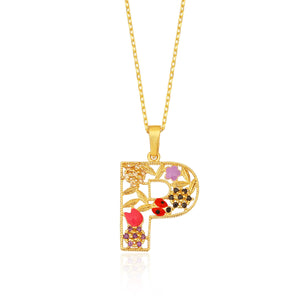 Floral "P" Letter Necklace - Gold Plated Initial Silver Charm