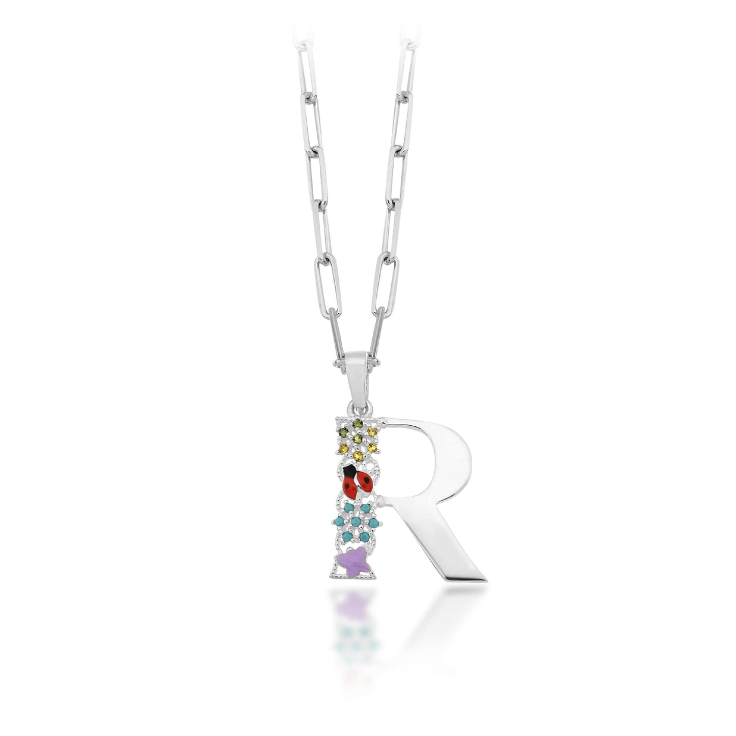 Floral "R" Letter Necklace - 925 Initial Sterling Silver Charm