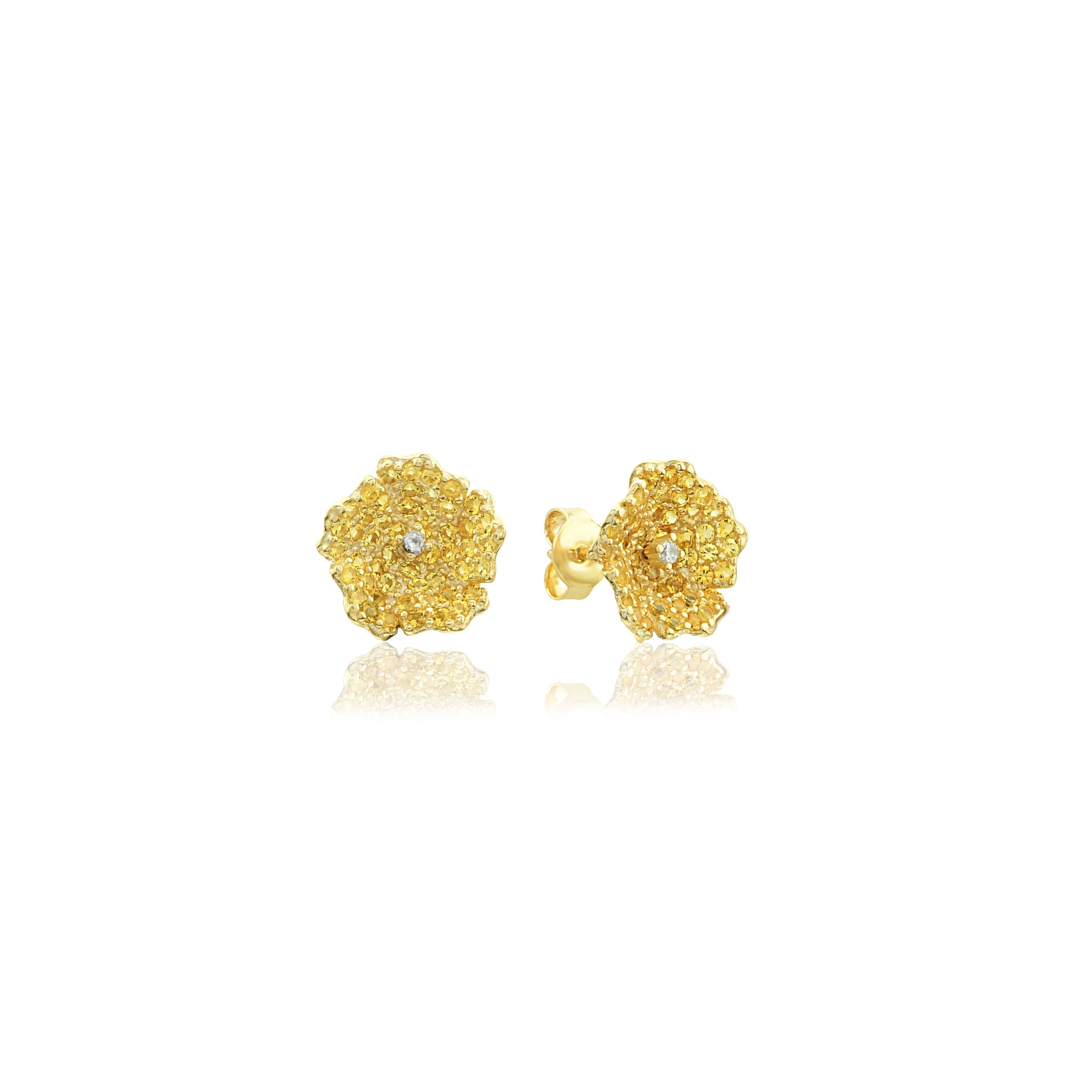Yellow Floral Studs with Zircon - Botanical Earrings
